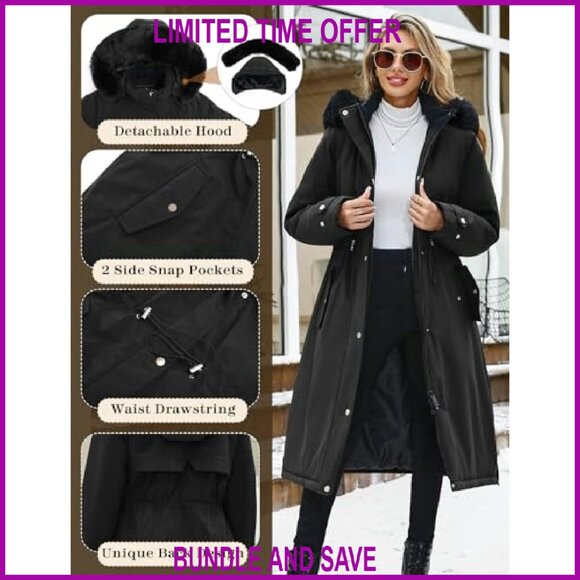 Long Winter Puffer Coat with Detachable Hood, Maxi Length, Windproof - Picture 4 of 8